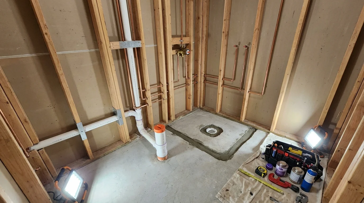 Bathroom rough-in plumbing during remodel by Johns Plumbing LLC in Wyoming