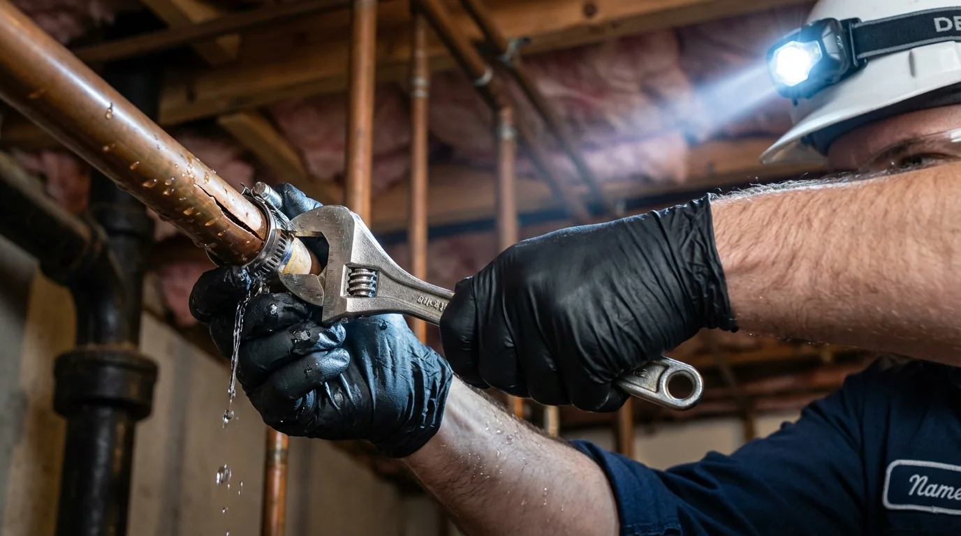 Emergency pipe clamp repair being performed by a Johns Plumbing LLC plumber in Wyoming