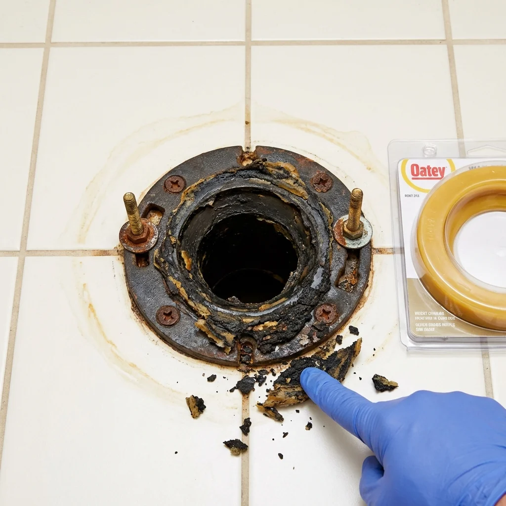 Failed wax ring showing water seepage at the base of a toilet in a Wyoming, IL home