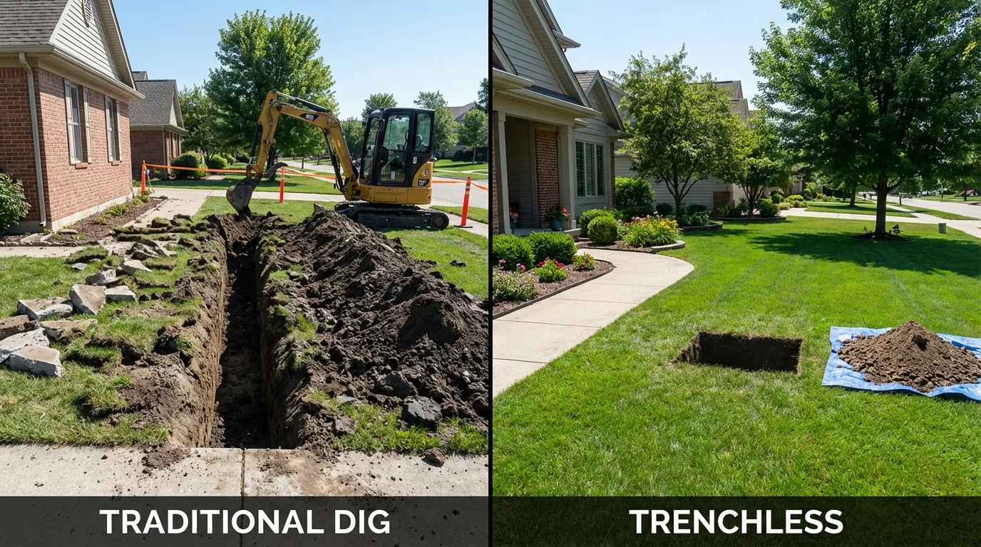 Trenchless sewer repair with minimal yard damage versus traditional excavation in Wyoming, IL