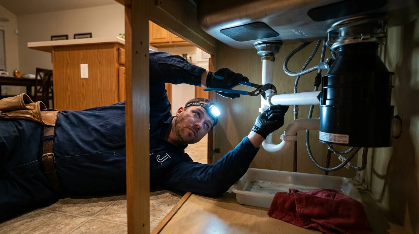 P-trap and supply line connections under a kitchen sink showing a common leak point in Wyoming, IL